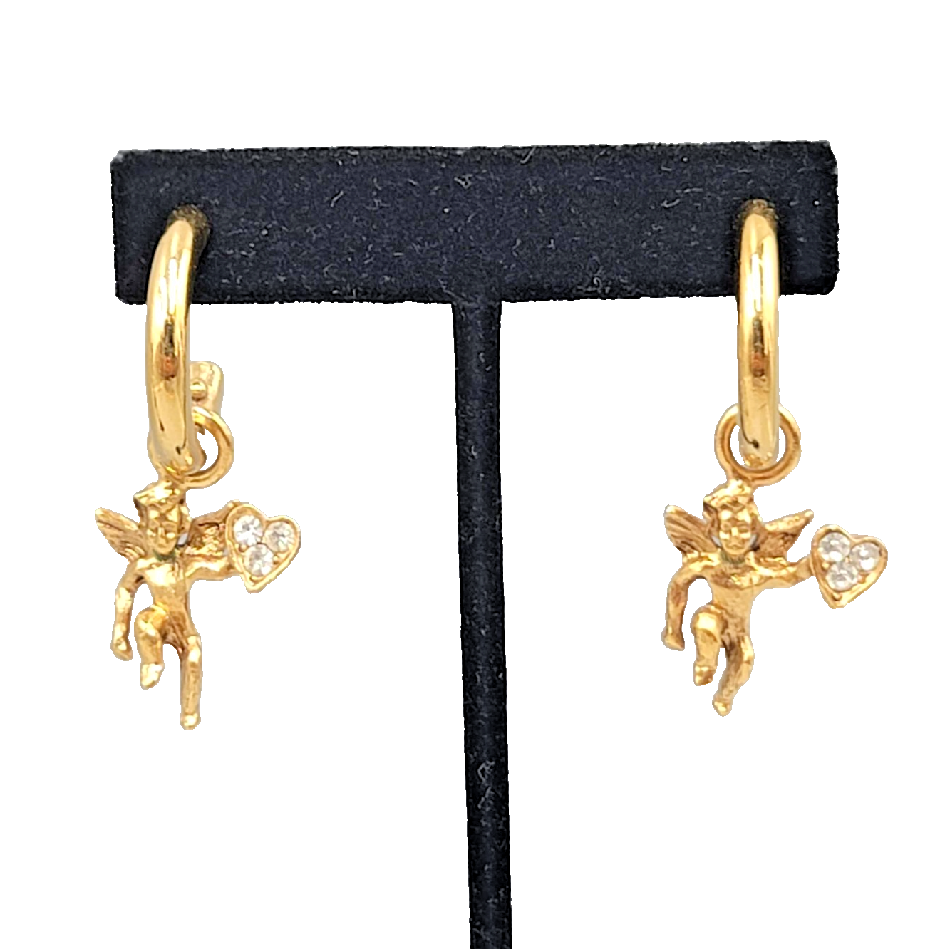 Vintage Angel Heart Hoops Pierced Earrings Gold tone Dangle Rhinestone 2"