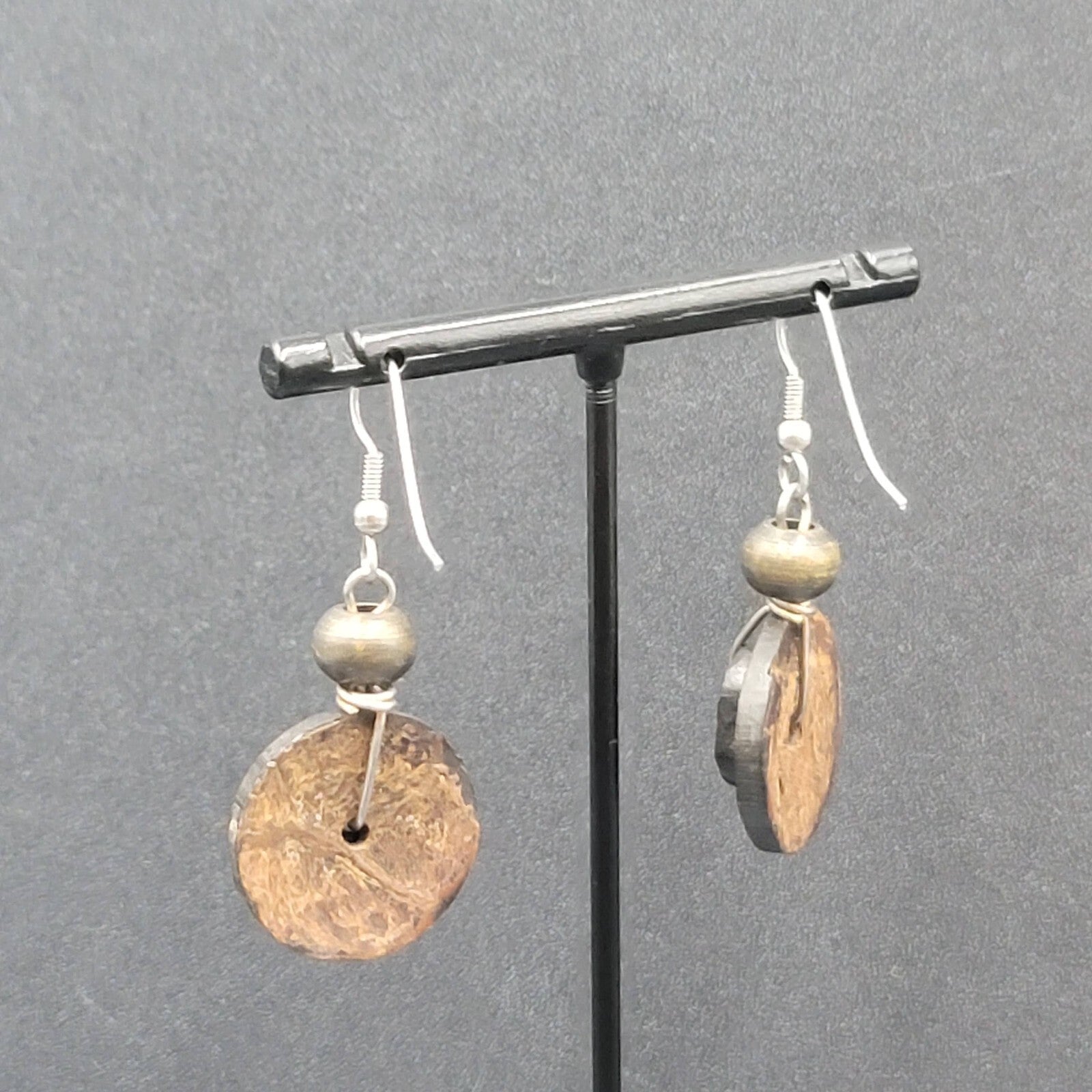 Pierced Earrings Silver tone Coconut Layered Disc Beads Dangle 1.25"
