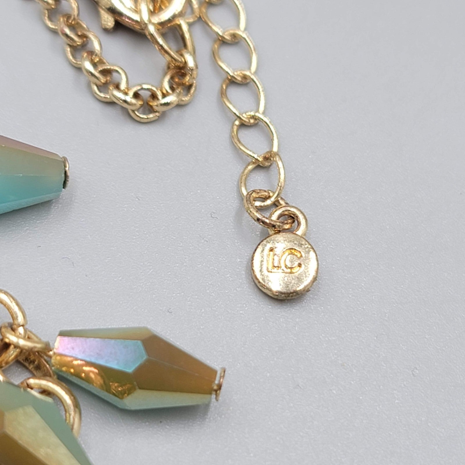 Lauren Conrad Multicolor Blue Brown Iridescent Beads Necklace Gold tone 14"-18"