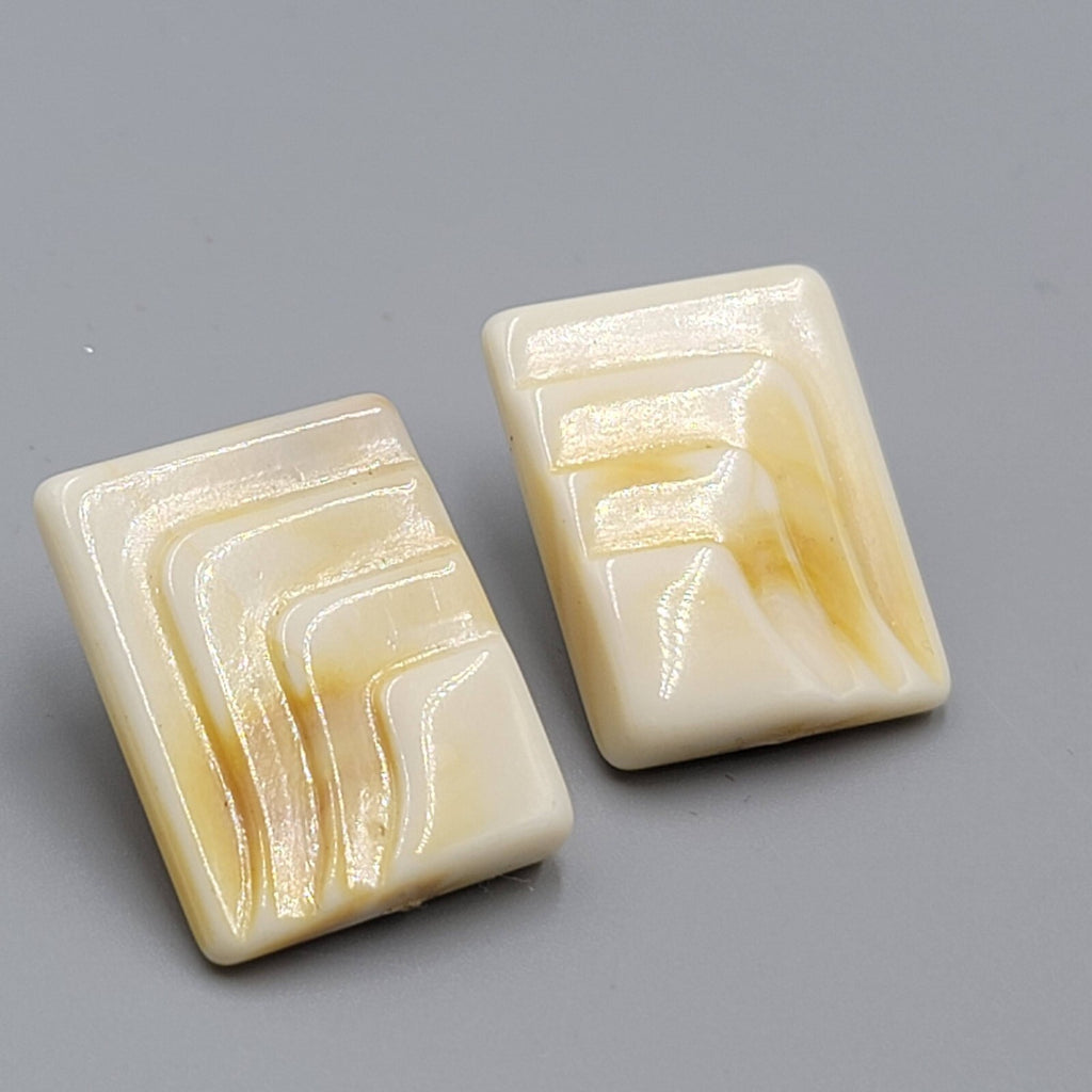 Vintage Pierced Earrings Acrylic Rectangle Drop Beige Tan Swirl 1.25"