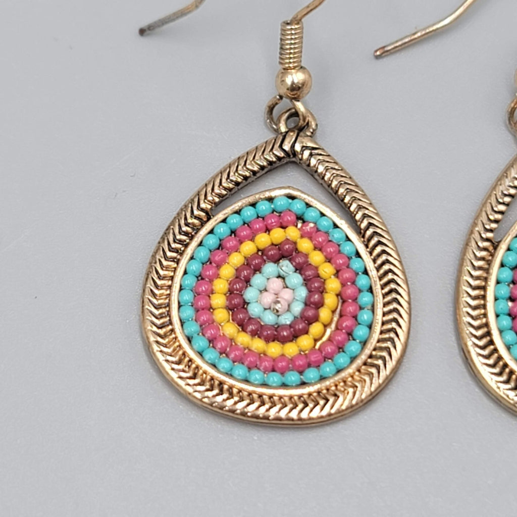 Boho Teardrop Pierced Earrings Gold tone Dangle Multicolor 1 1/8"