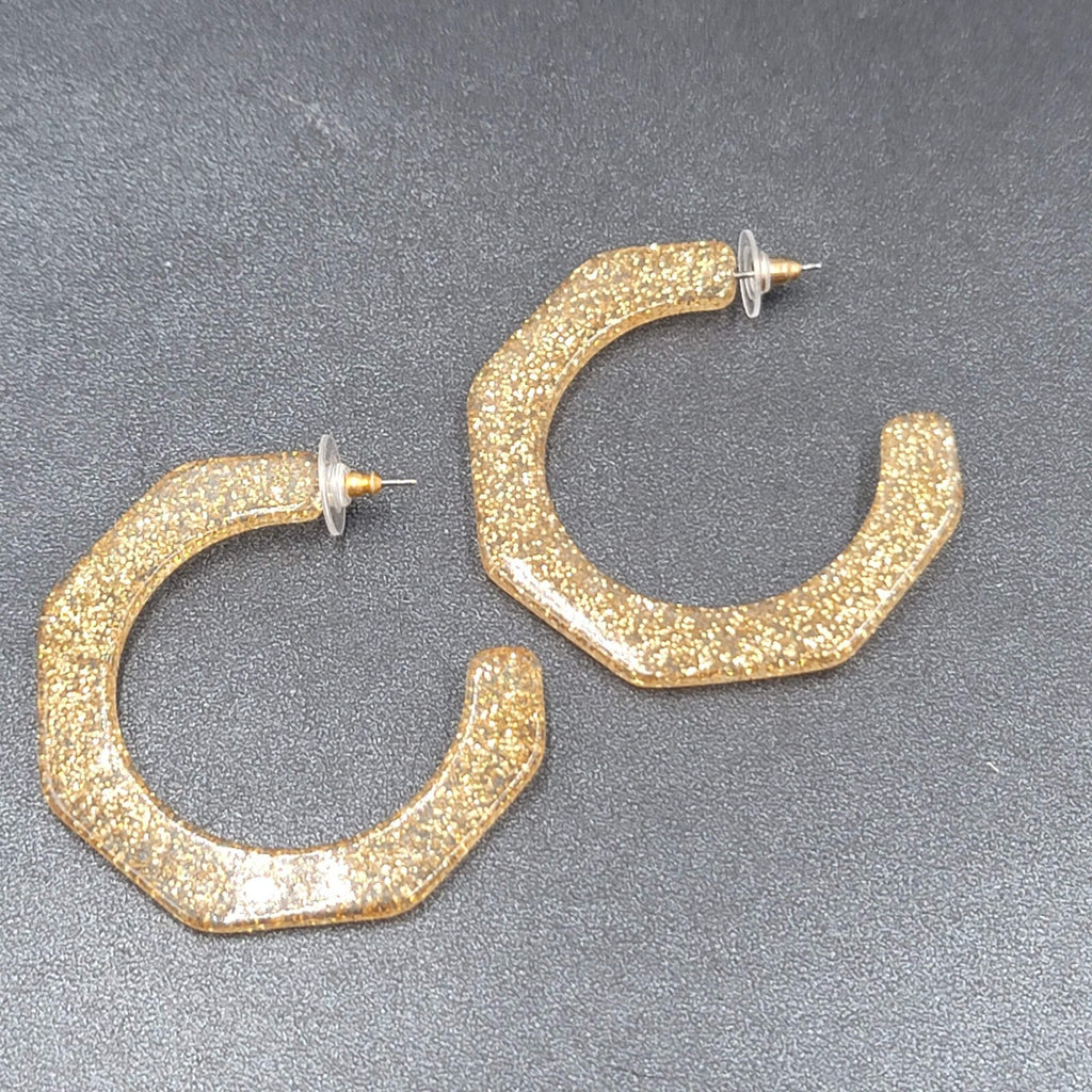 Pierced Earrings Gold Glitter Acrylic Large Hoops Dangle 2"
