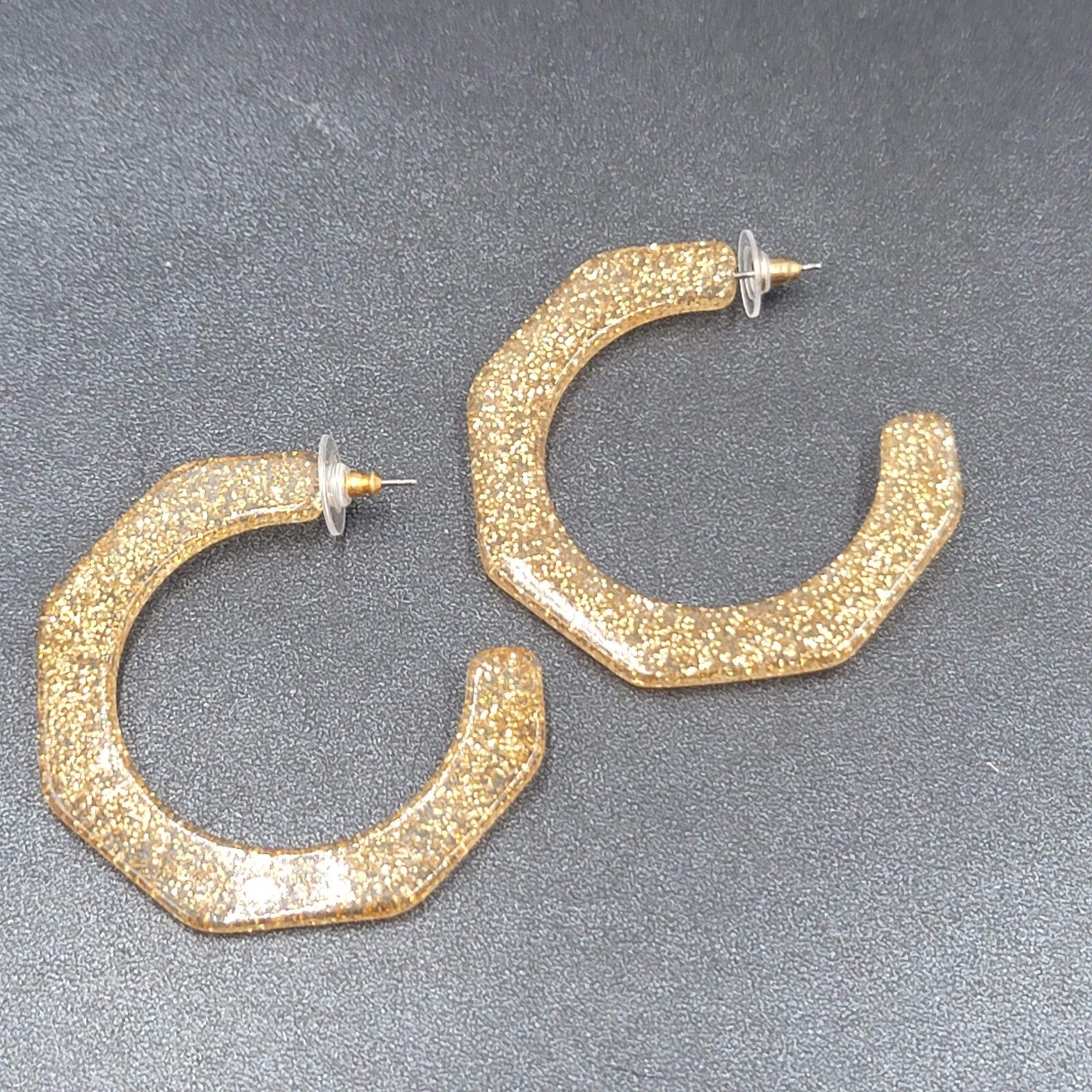 Pierced Earrings Gold Glitter Acrylic Large Hoops Dangle 2"