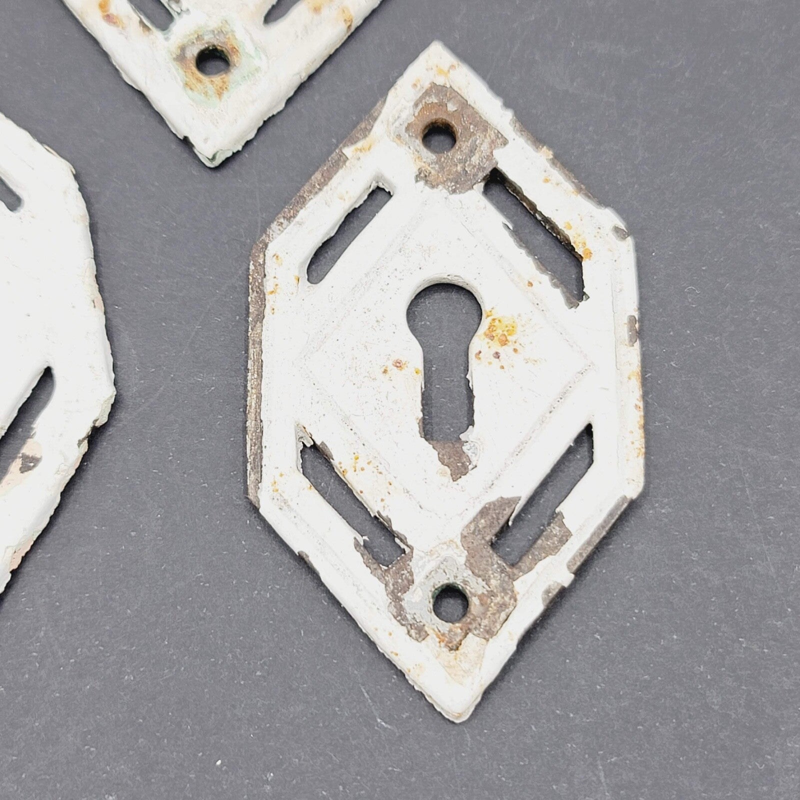 Set of 3 Vintage Cast Iron Skeleton Key hole Escutcheon Salvage Lot Painted