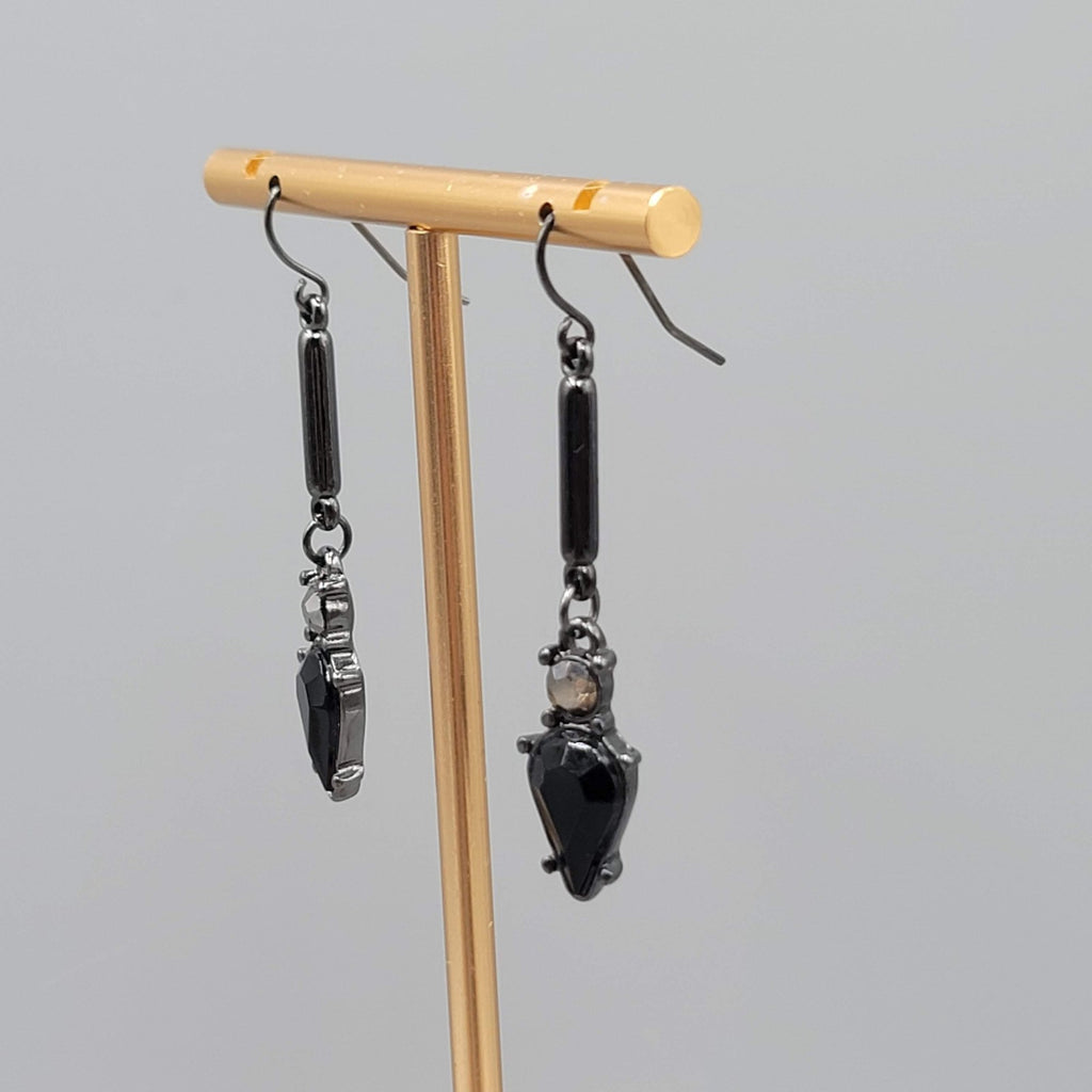 Black Metal Rhinestone Pierced Earrings Dangle 1.75 in