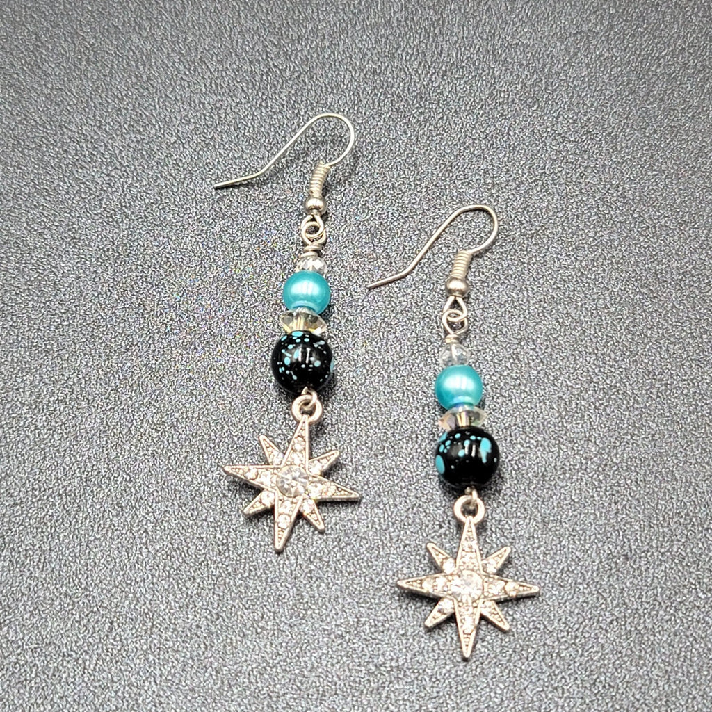 Pierced Earrings Silver tone Blue Bead Rhinestone Star Dangle 1.75"