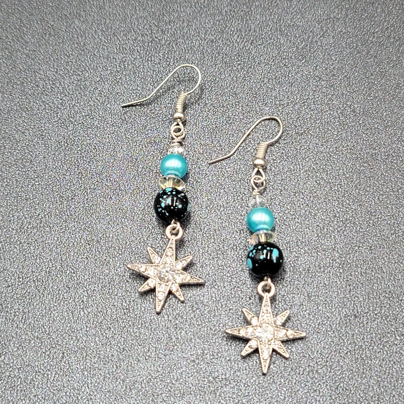 Pierced Earrings Silver tone Blue Bead Rhinestone Star Dangle 1.75"