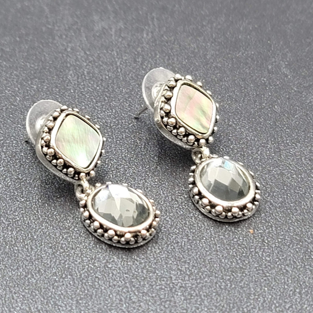 Pierced Earrings Silver tone Abalone Inlay Faceted Glass Dangle 1.25"