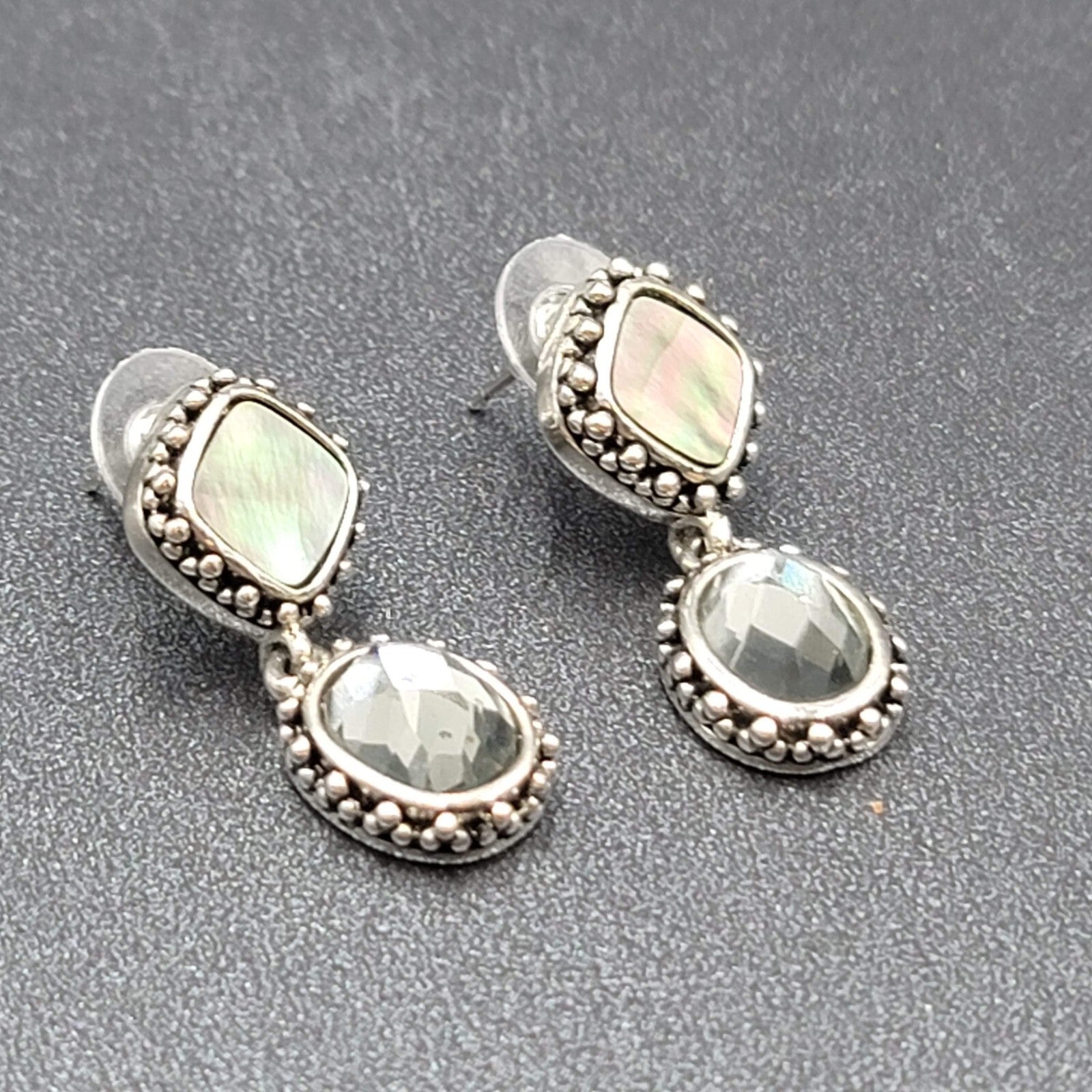 Pierced Earrings Silver tone Abalone Inlay Faceted Glass Dangle 1.25"