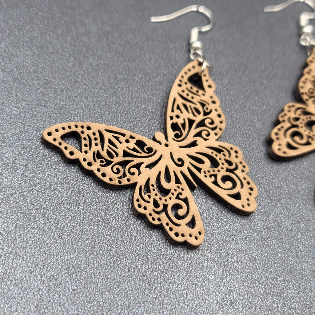 Butterfly Pierced Earrings Wood Cut Open Work Dangle 1 5/8"