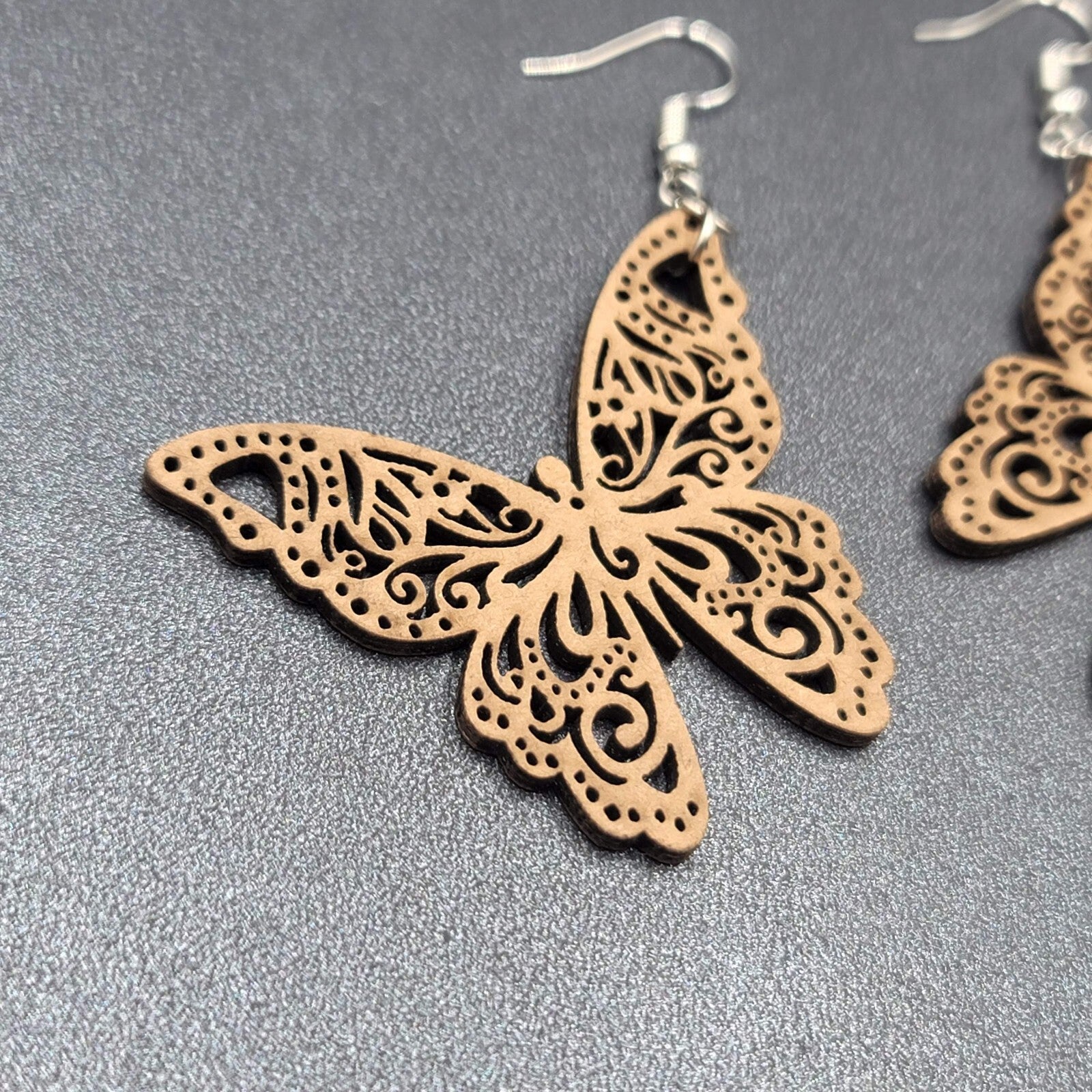 Butterfly Pierced Earrings Wood Cut Open Work Dangle 1 5/8"