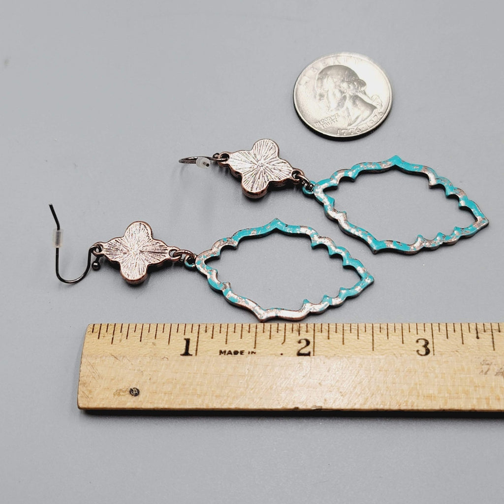 Blue Enamel Patina Dangle Pierced Earrings Silver tone Cross Copper tone 2.5"