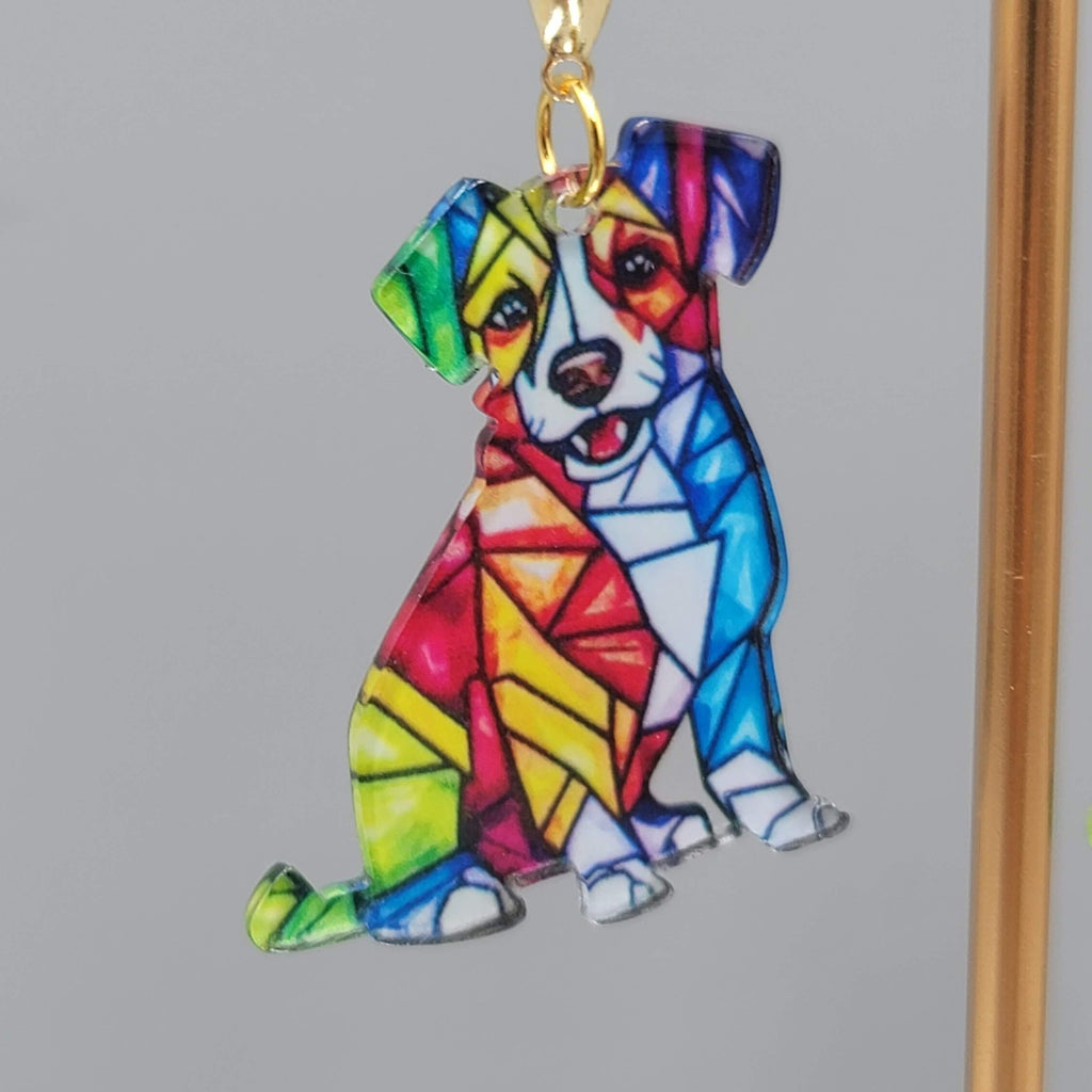Mosiac Dog Pierced Earrings Multicolor Acrylic Dangle Gold tone Hook 1.5"