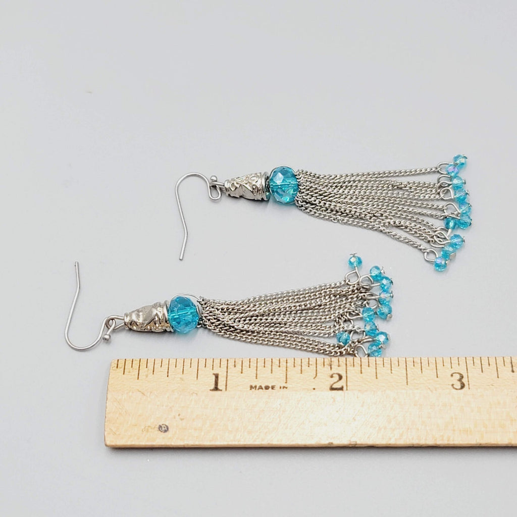 Dangle Chains Pierced Earrings Blue Crystal Beads Tassel 2.5"