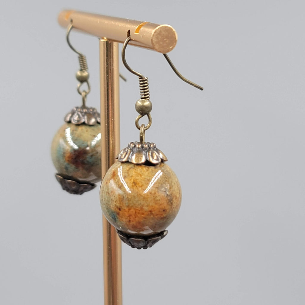Ceramic Green Bead Pierced Earrings Bronze tone Dangle 1"
