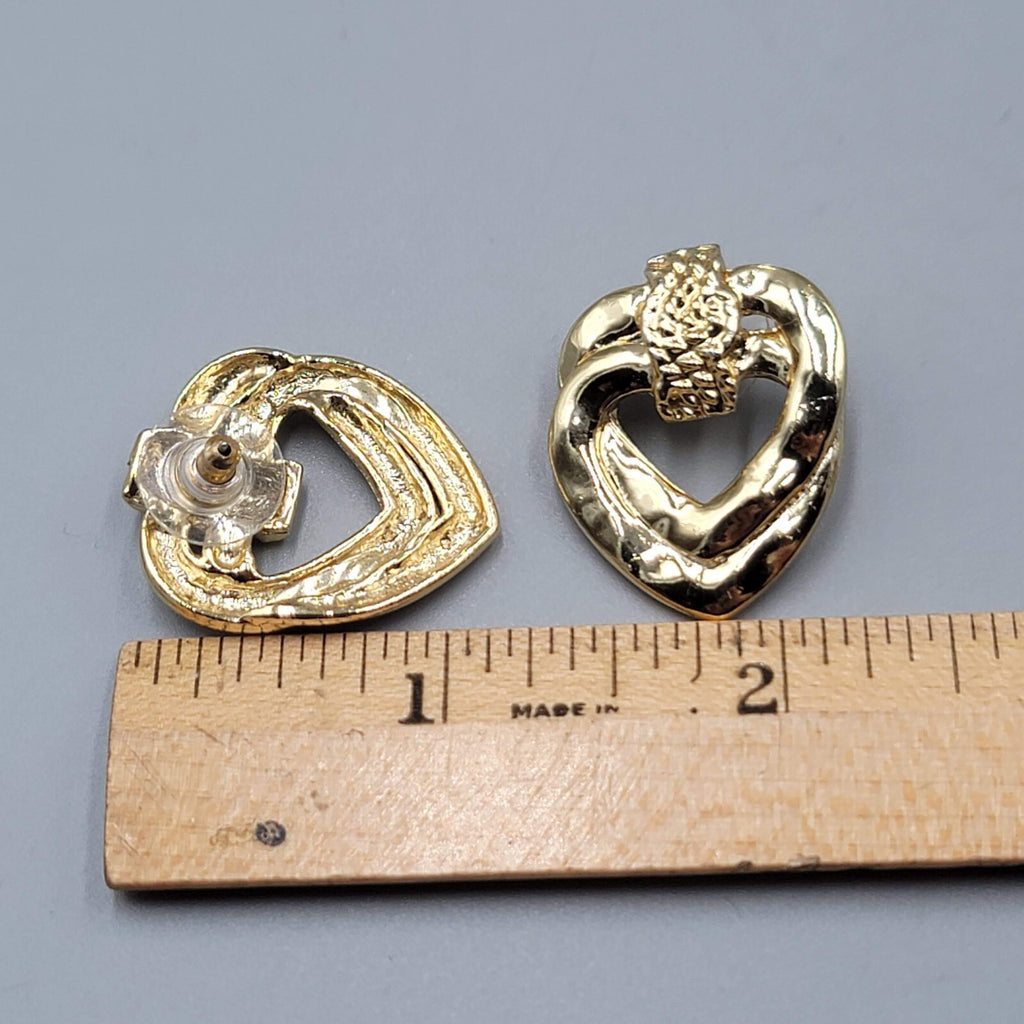 Vintage Double Open Heart Pierced Earrings Gold tone Drop 1 1/8"