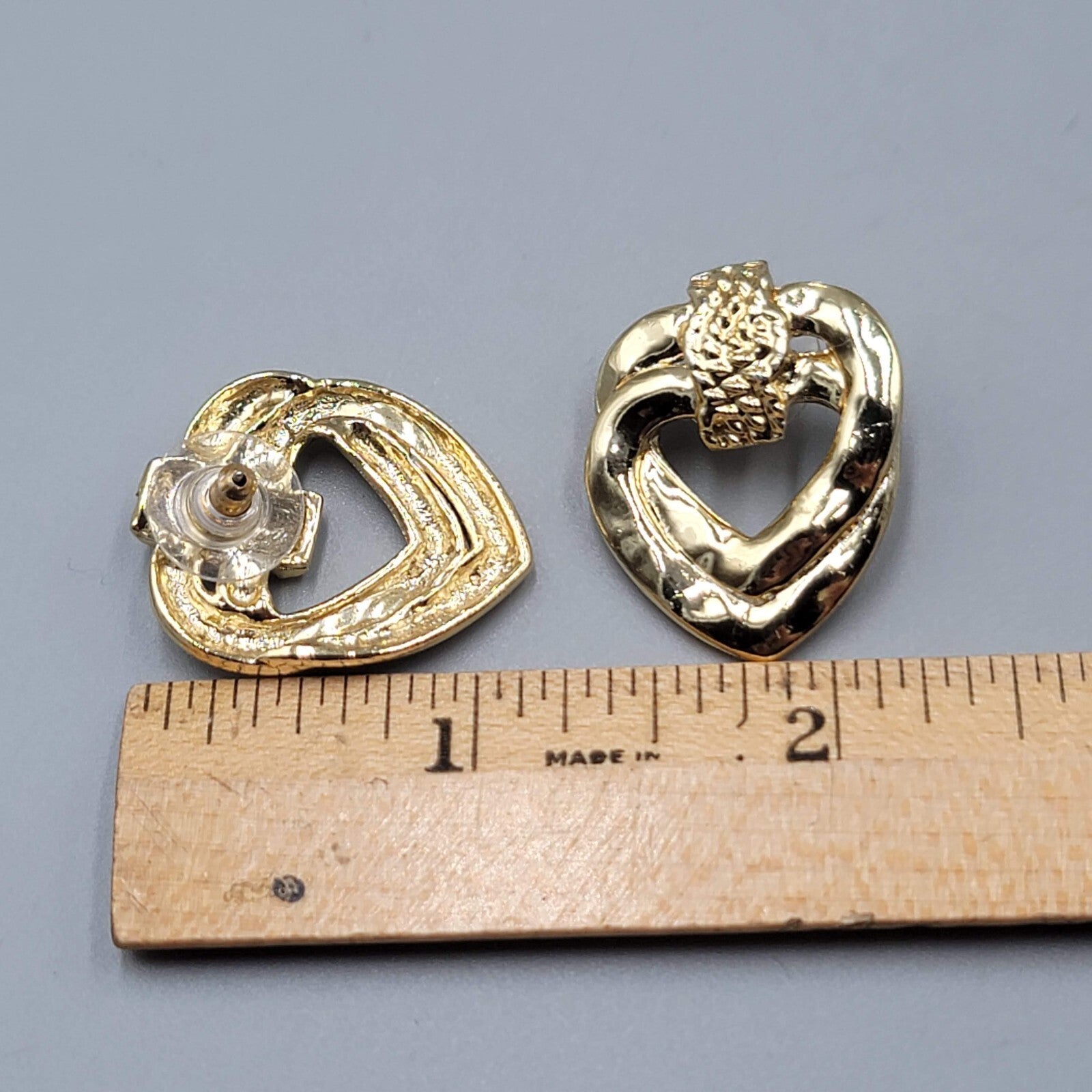 Vintage Double Open Heart Pierced Earrings Gold tone Drop 1 1/8"