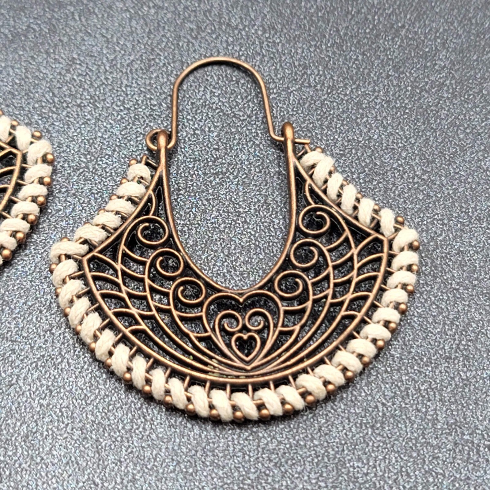 New Boho Pierced Earrings Bronze tone Open Work White Thread Hoops Dangle 1.75"