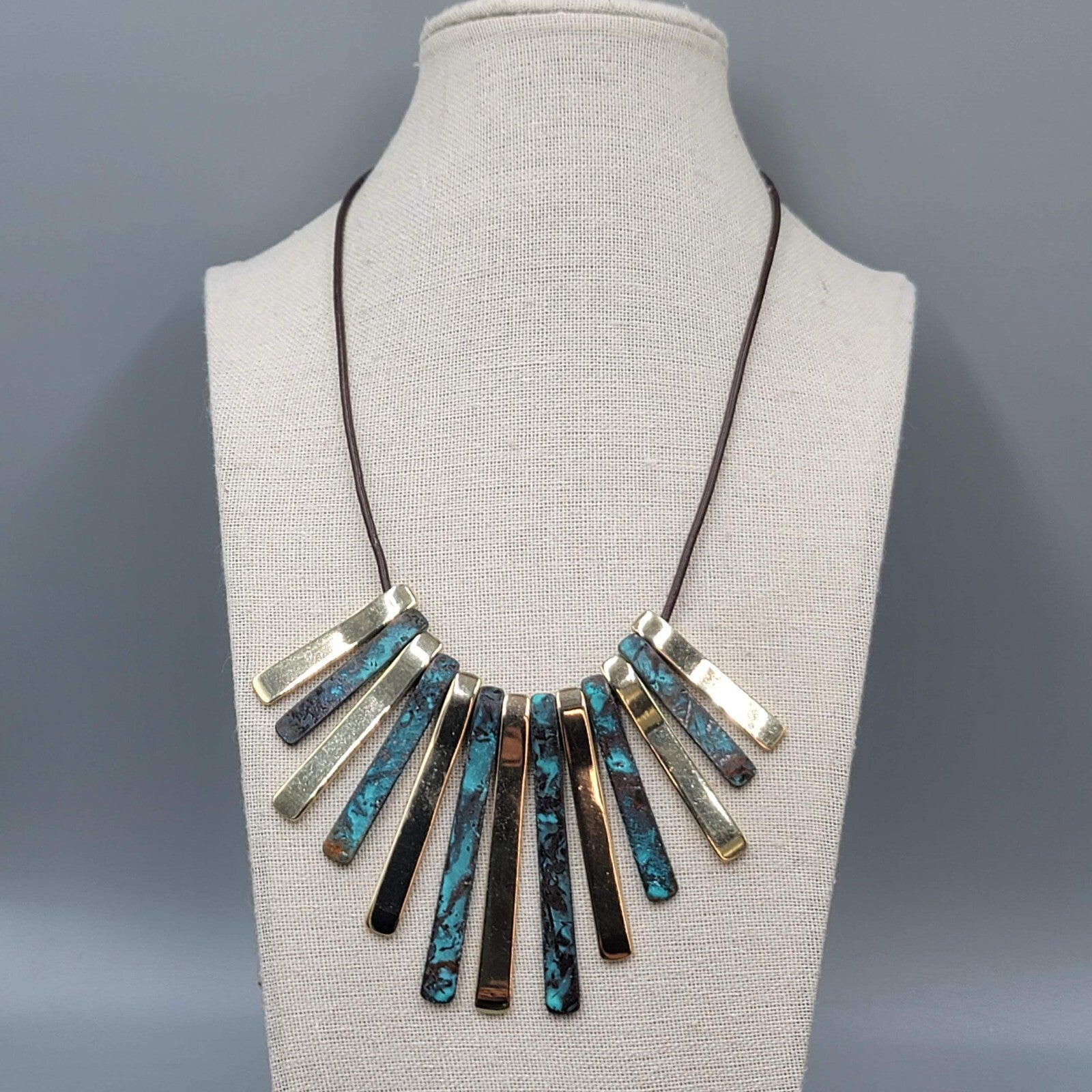 Bib Necklace Gold tone Statement Black Cord 18"