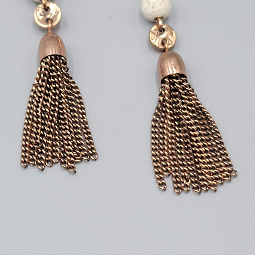 Pierced Earrings Copper tone Dangle Dangle Chains White Stone Bead 2.75"