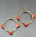 Pierced Earrings Gold tone Orange Stone Bead Dangle Hoops 1.75"