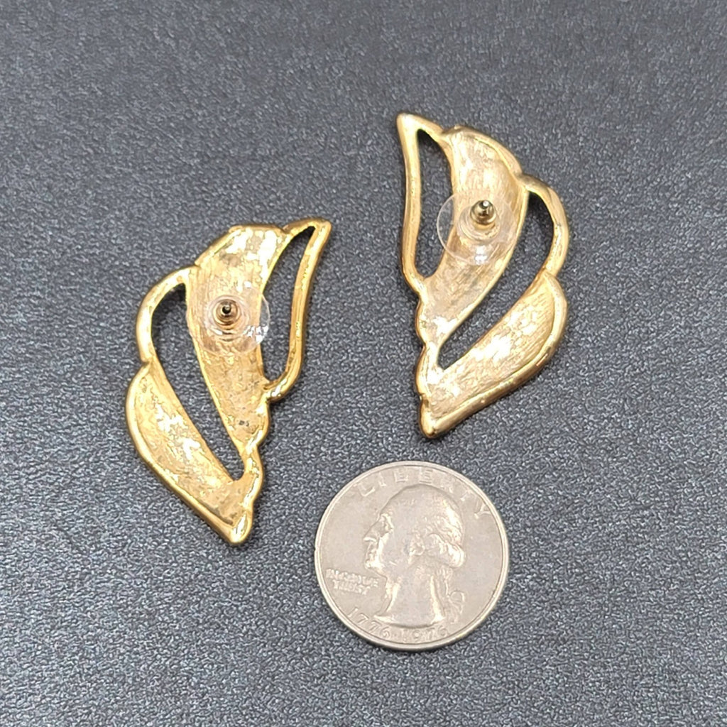 Vintage Pierced Earrings Gold tone Swirl Yellow Enamel Drop Statement 1.75"