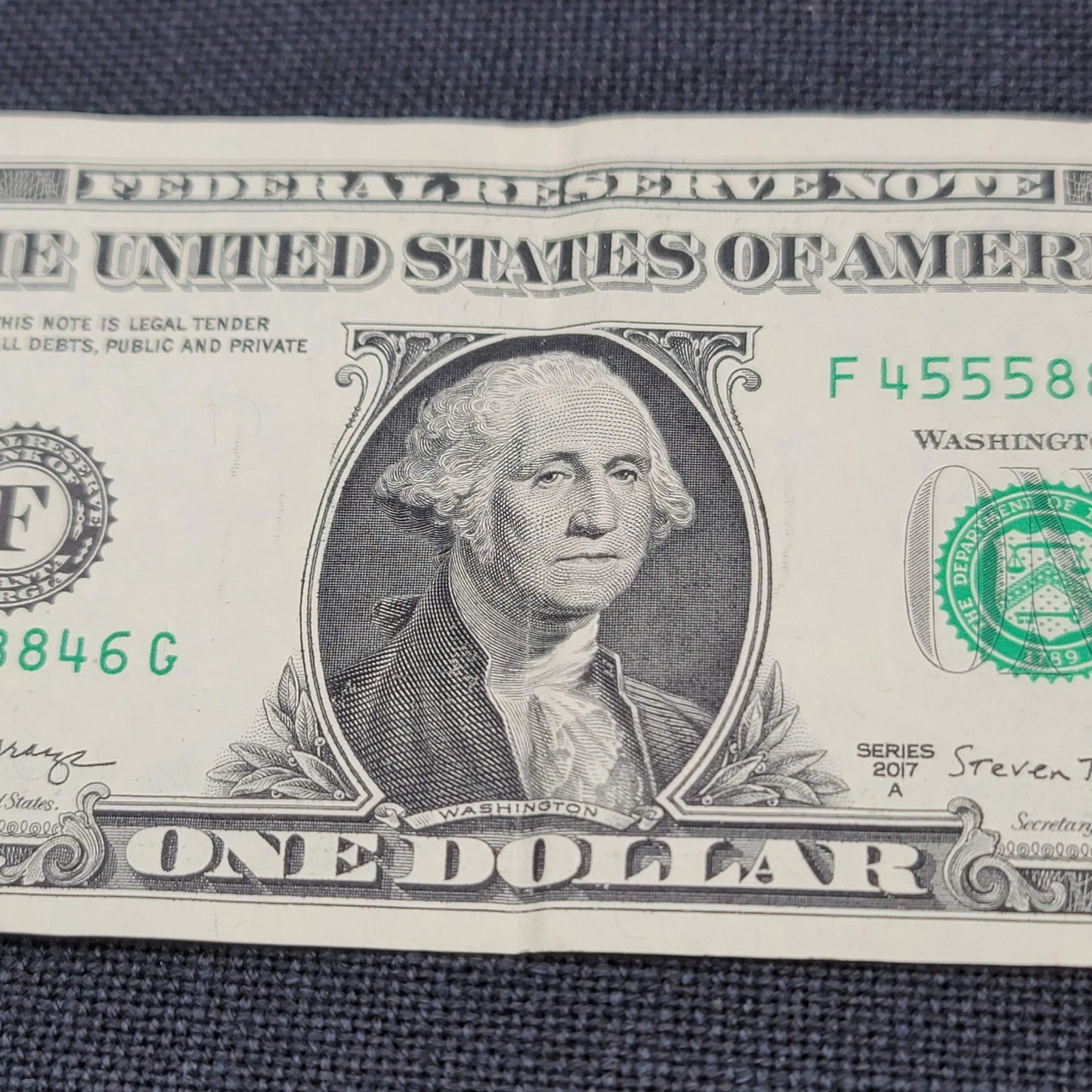 $1 Dollar Bill #F 45558846 G Series 2017 A