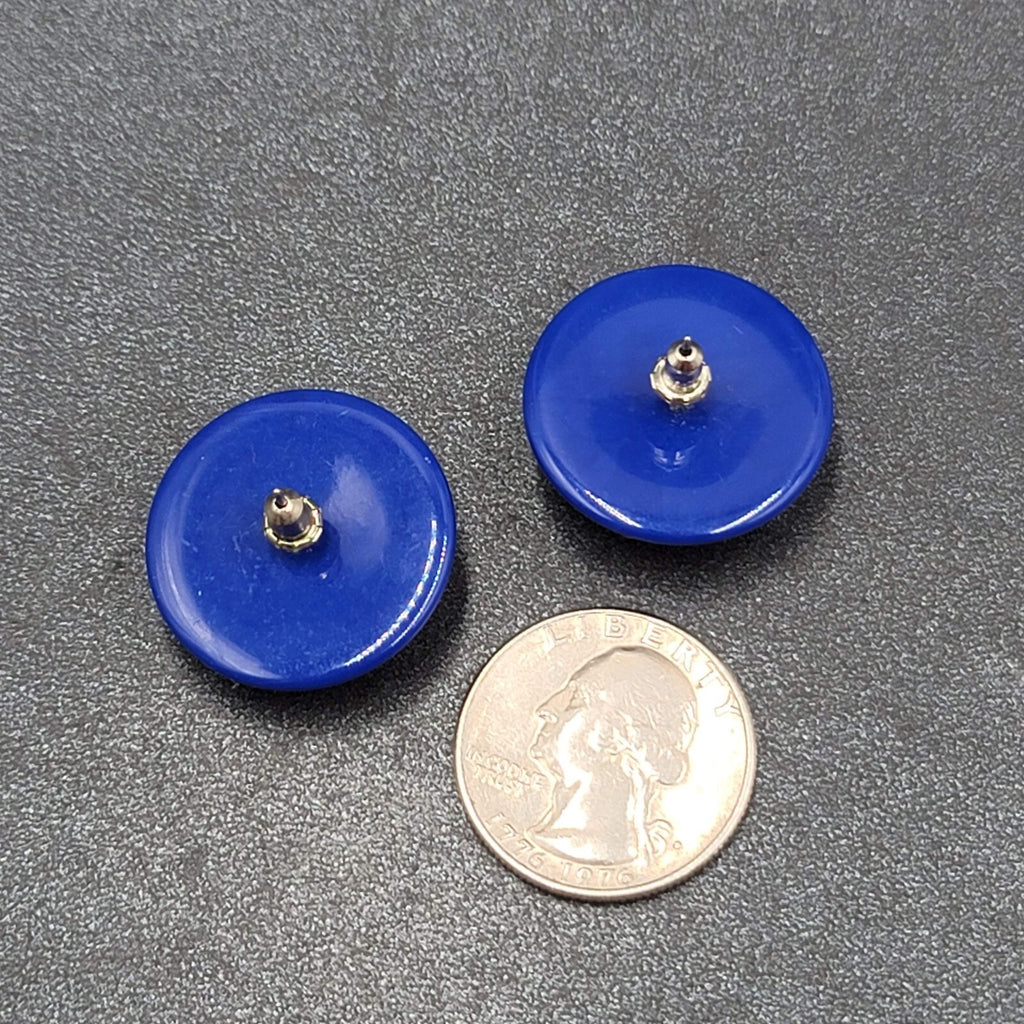 Vintage Pierced Earrings Blue Dome Studs Gold Glitter Paint 1"