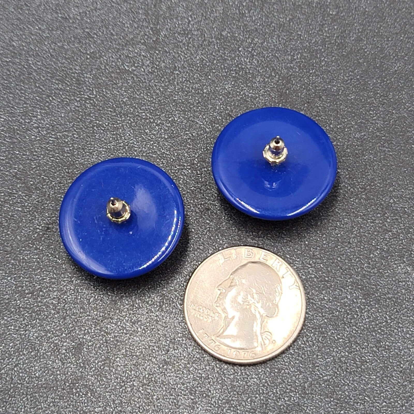 Vintage Pierced Earrings Blue Dome Studs Gold Glitter Paint 1"