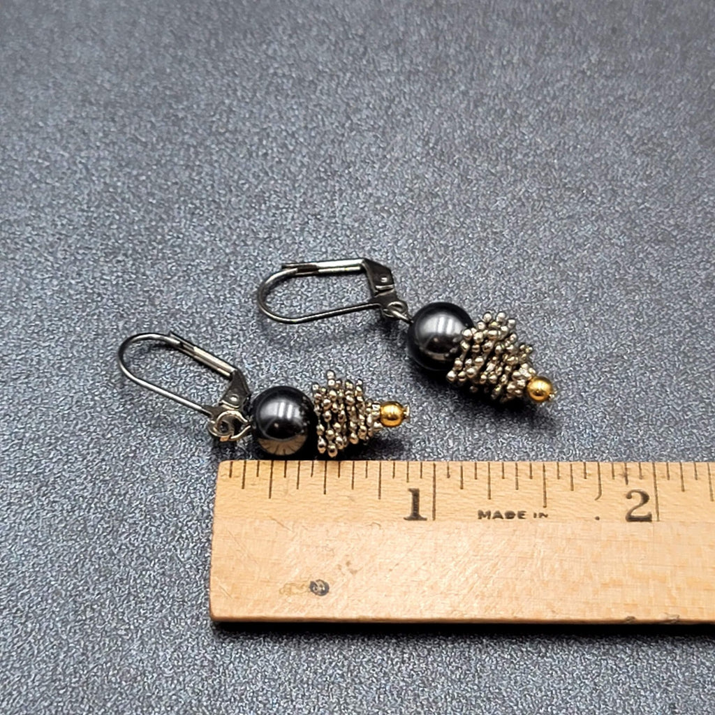Pierced Earrings Silver tone Black Bead Dangle  7/8"