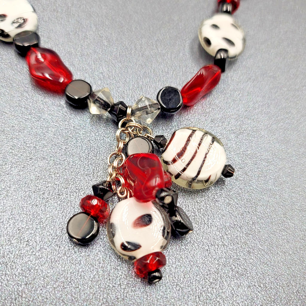 Black White Red Glass Bead Statement Necklace 26 in Toggle Clasp
