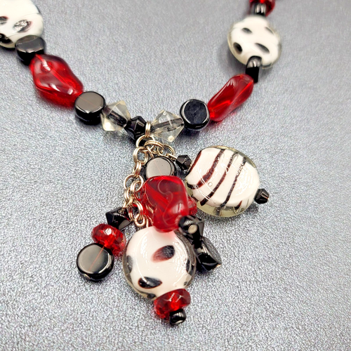 Black White Red Glass Bead Statement Necklace 26 in Toggle Clasp