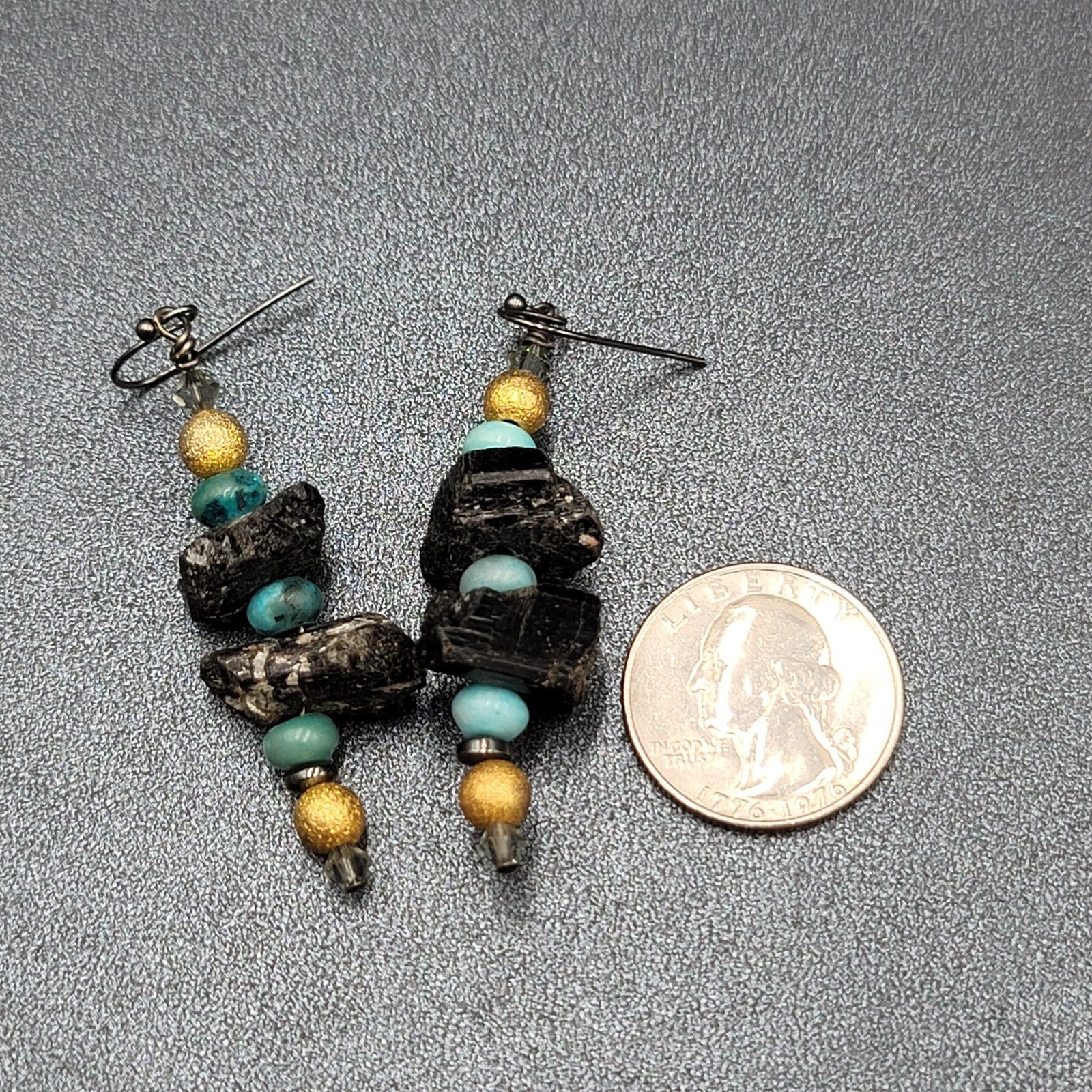 Pierced Earrings Black Raw Stone Blue Gold tone Beads Dangle 2"