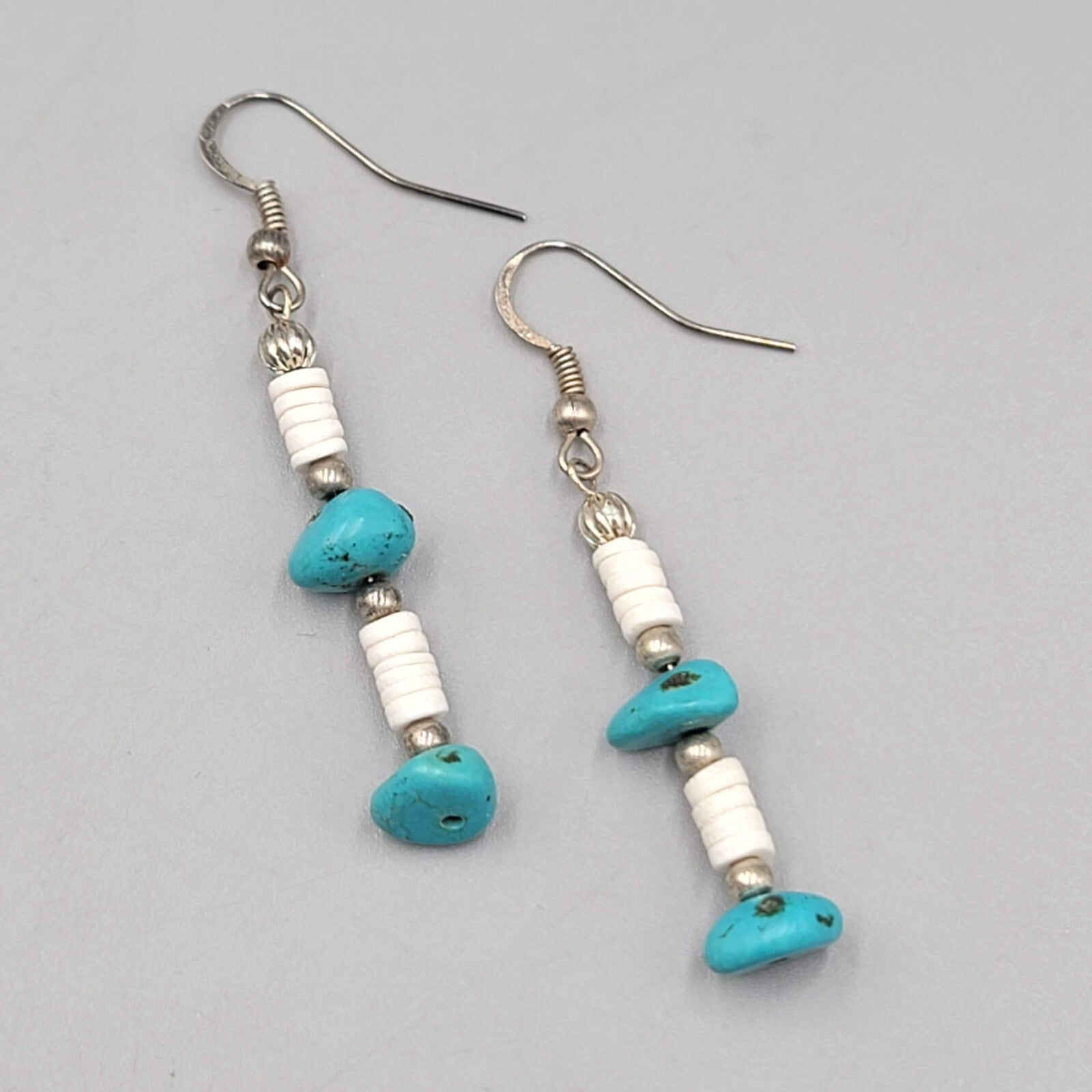 Sterling Silver Pierced Earrings Turquoise Nugget Bead Shell Heishi  1.5" 925