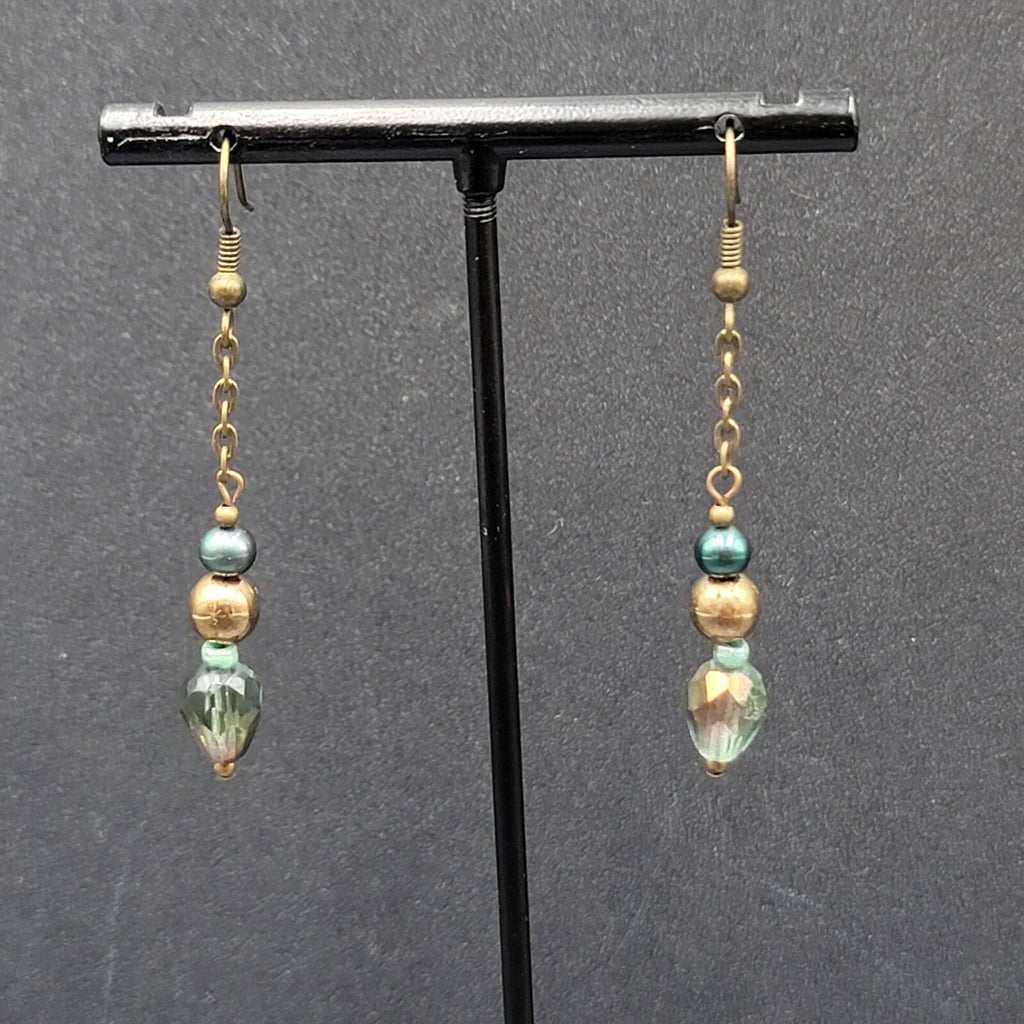 Pierced Earrings Bronze tone Metal Crystal Bead Dangle 1.5"