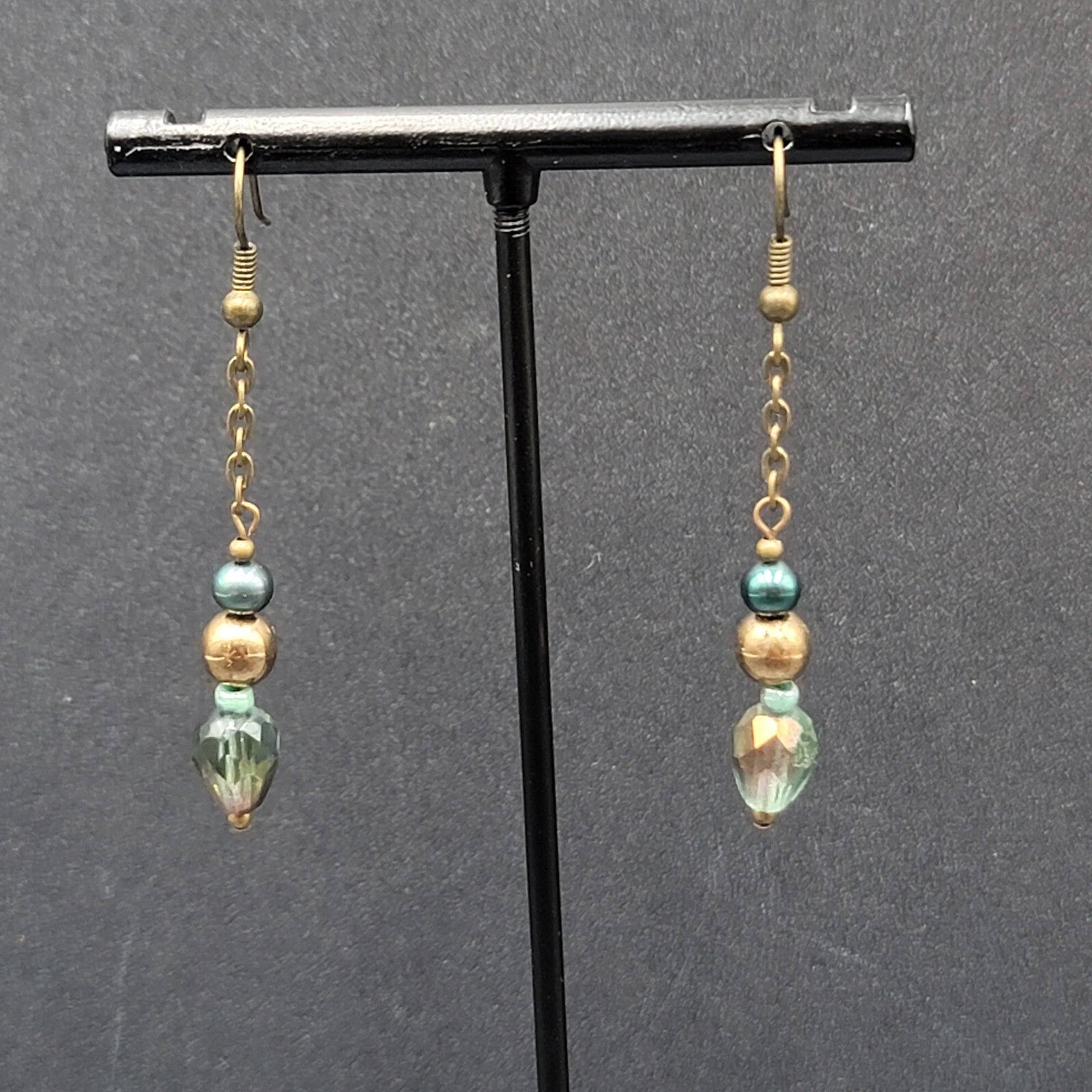 Pierced Earrings Bronze tone Metal Crystal Bead Dangle 1.5"