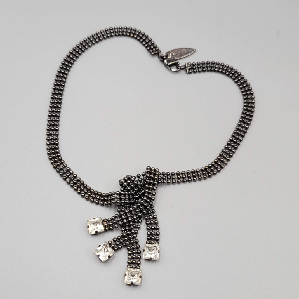 FALLON Designer Statement Necklace Black Bead Chain Square Rhinestone 15"