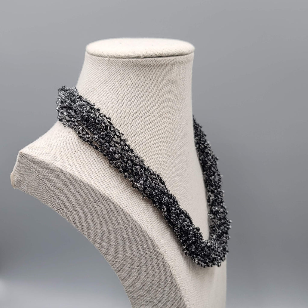 Multi Strand Black Bead Layered Necklace Button Closure 18"