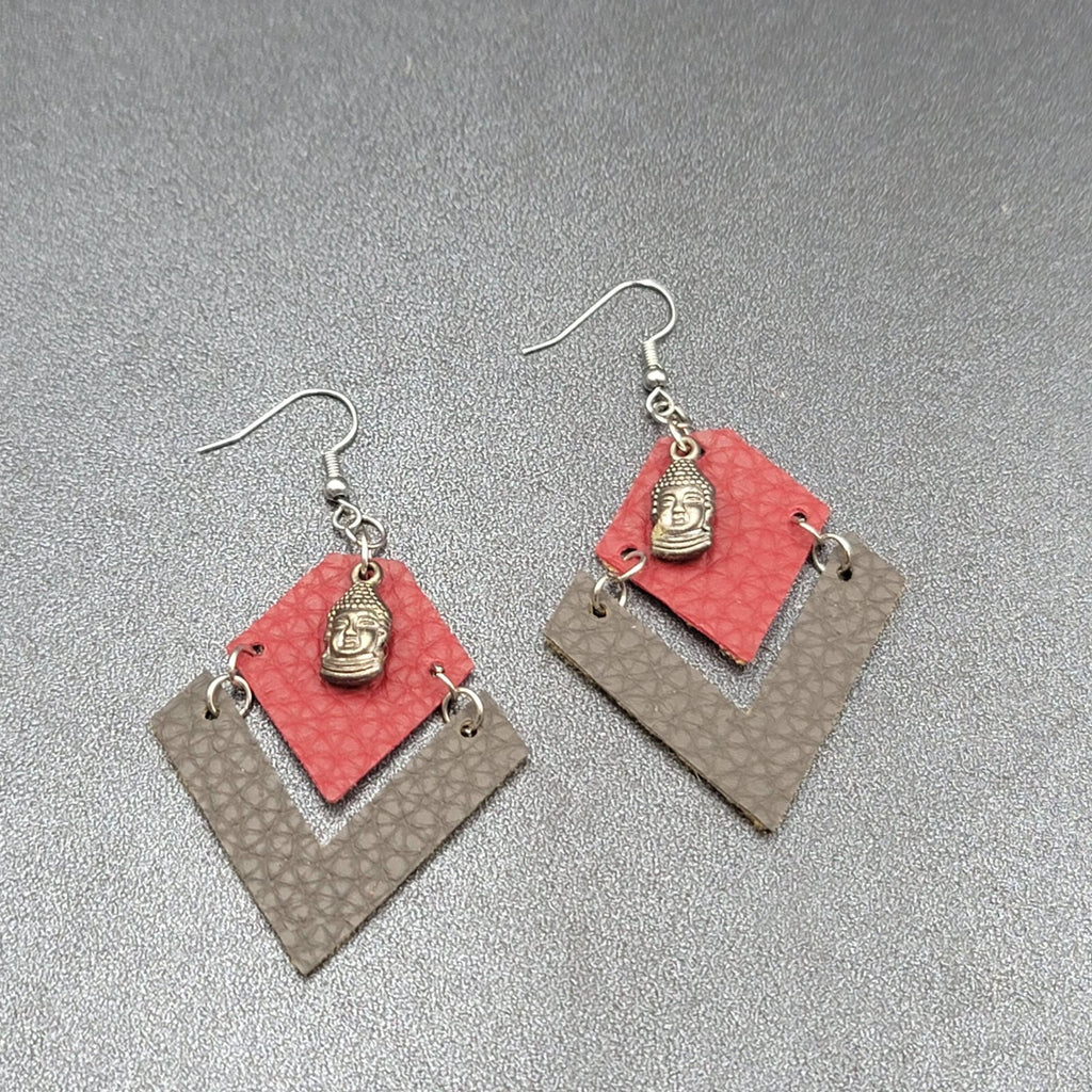 Buddha Pierced Earrings Red Brown Felt Dangle Lightweight 2"