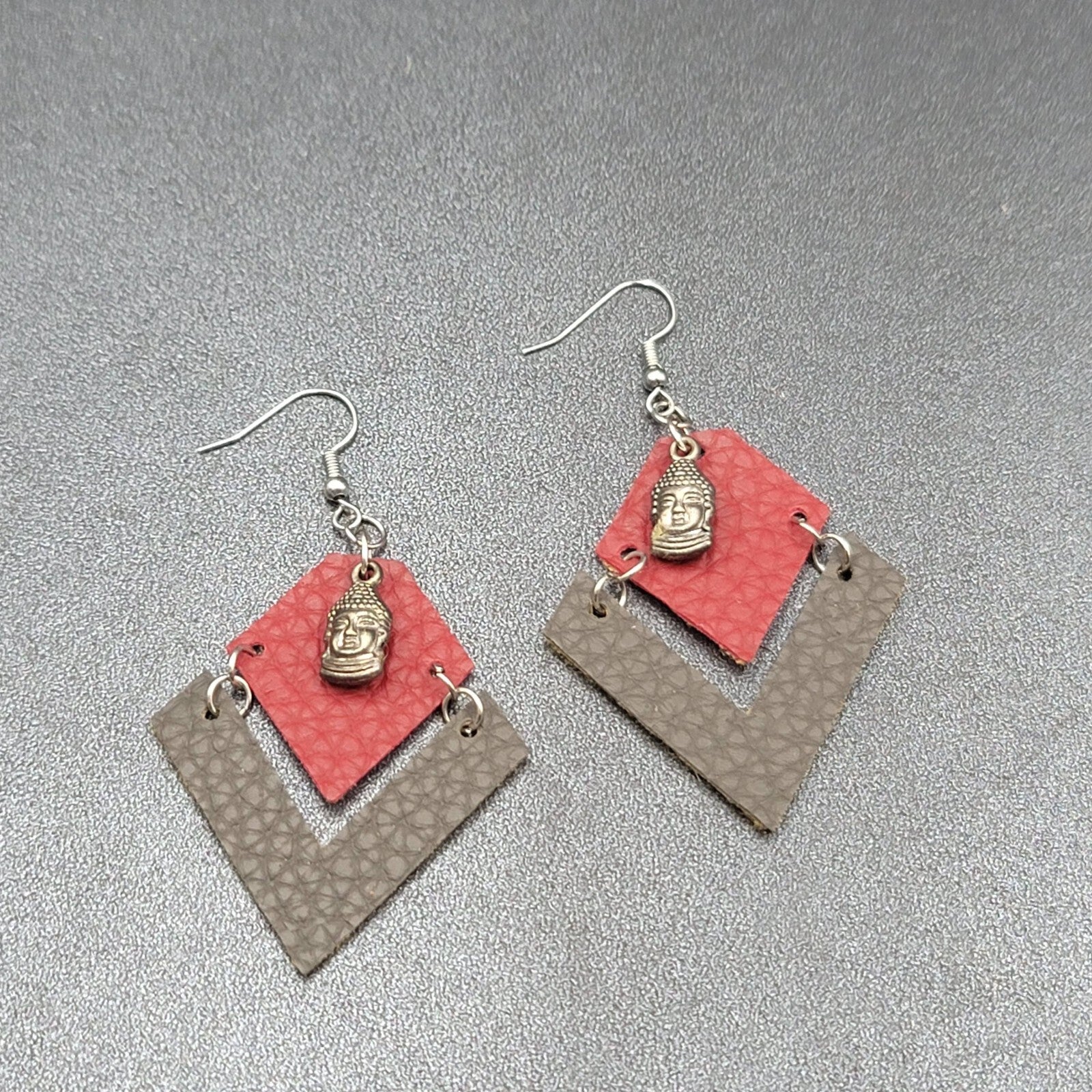 Buddha Pierced Earrings Red Brown Felt Dangle Lightweight 2"
