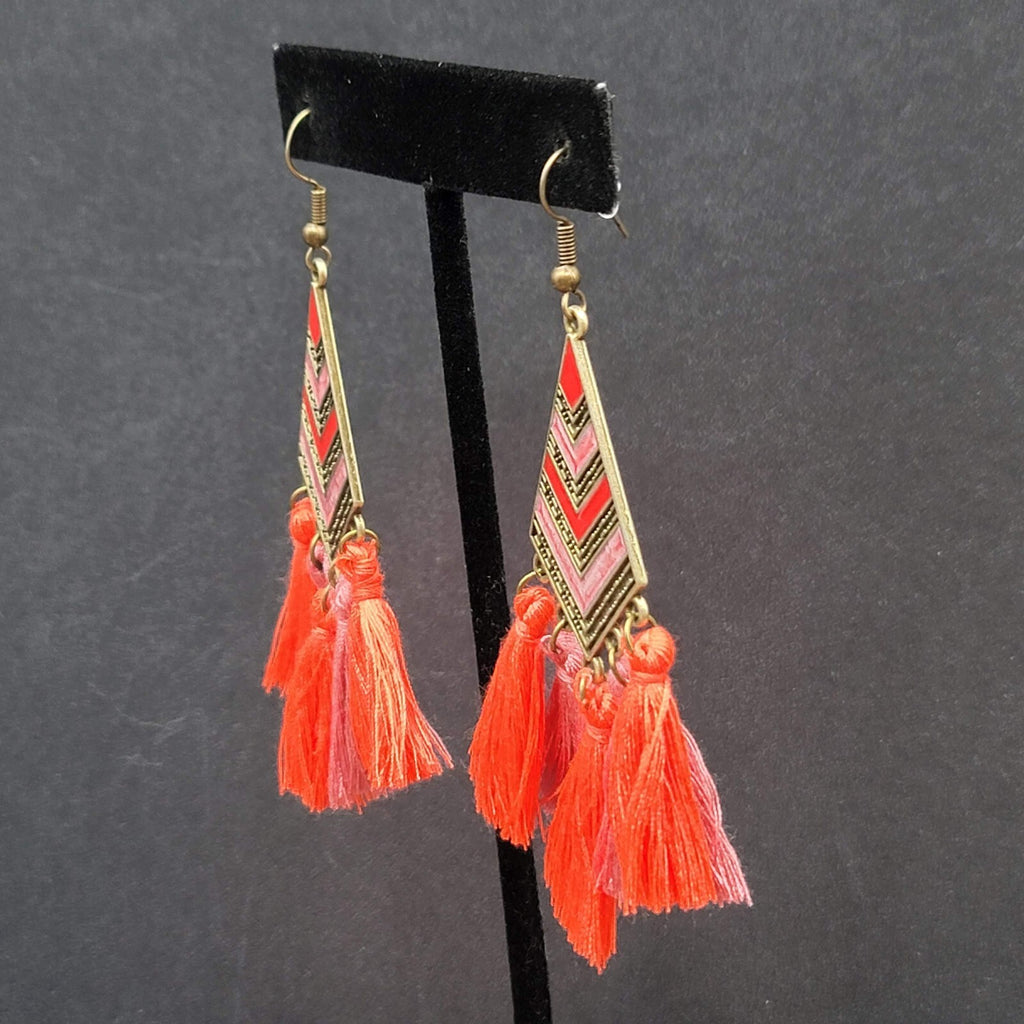 New Boho Pierced Earrings Antiqued Gold tone Enamel Orange Purple Tassel 3"
