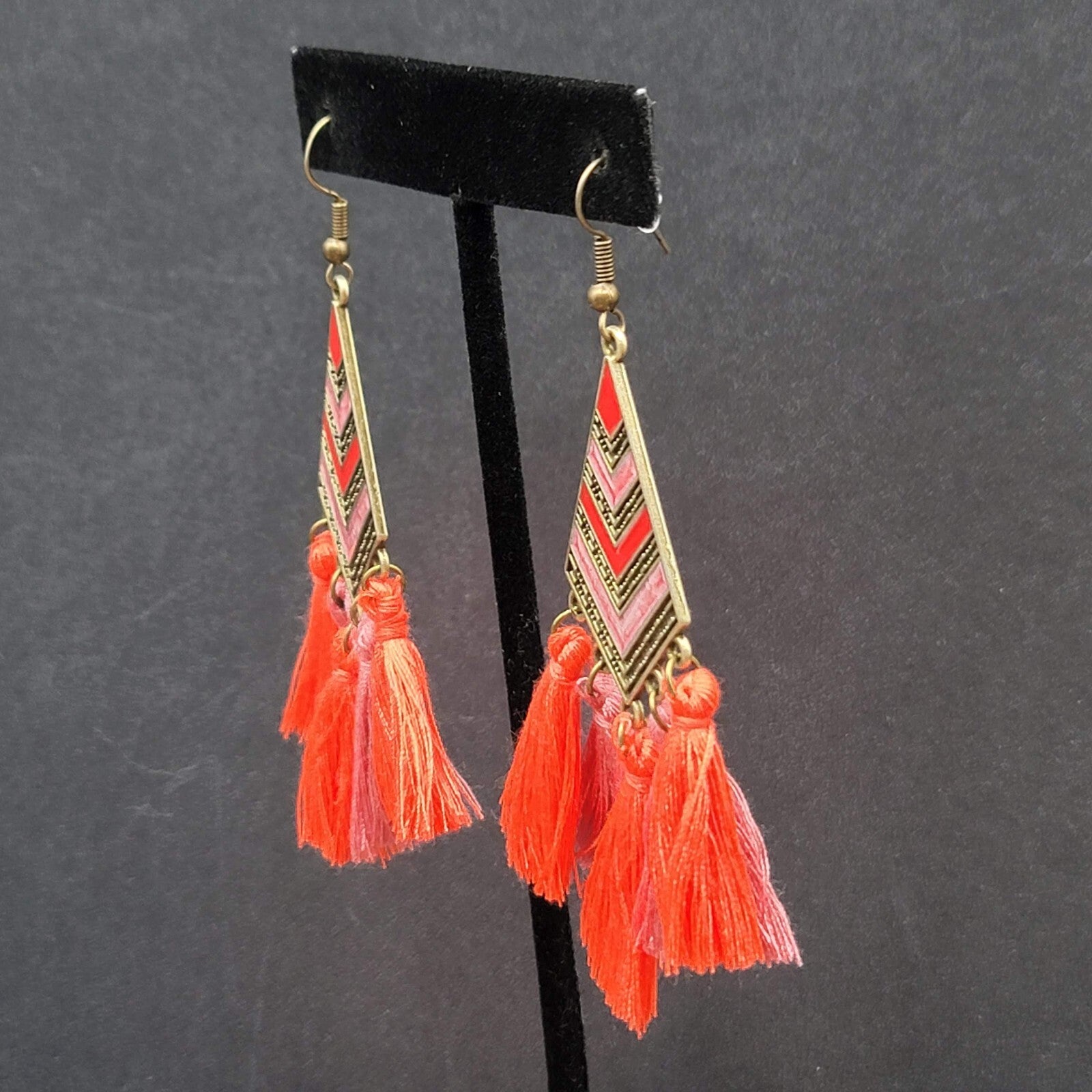 New Boho Pierced Earrings Antiqued Gold tone Enamel Orange Purple Tassel 3"