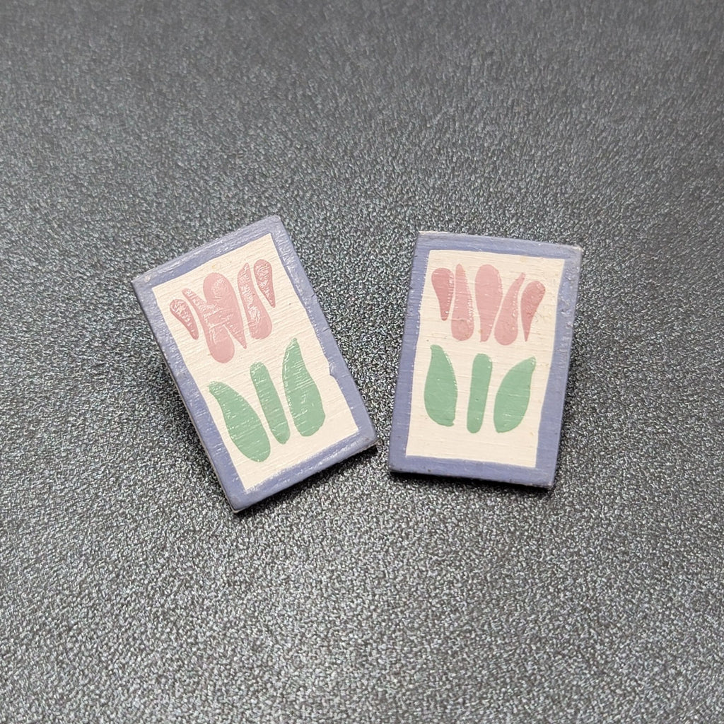 Vintage Tulip Flower Pierced Earrings Hand Painted Wood Rectangle Drop 1"