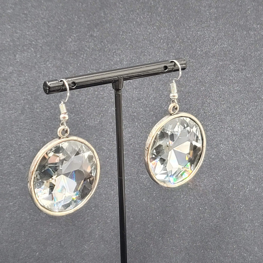 Pierced Earrings Silver tone Faceted Glass Extra Sparkly Dangle 1.25"