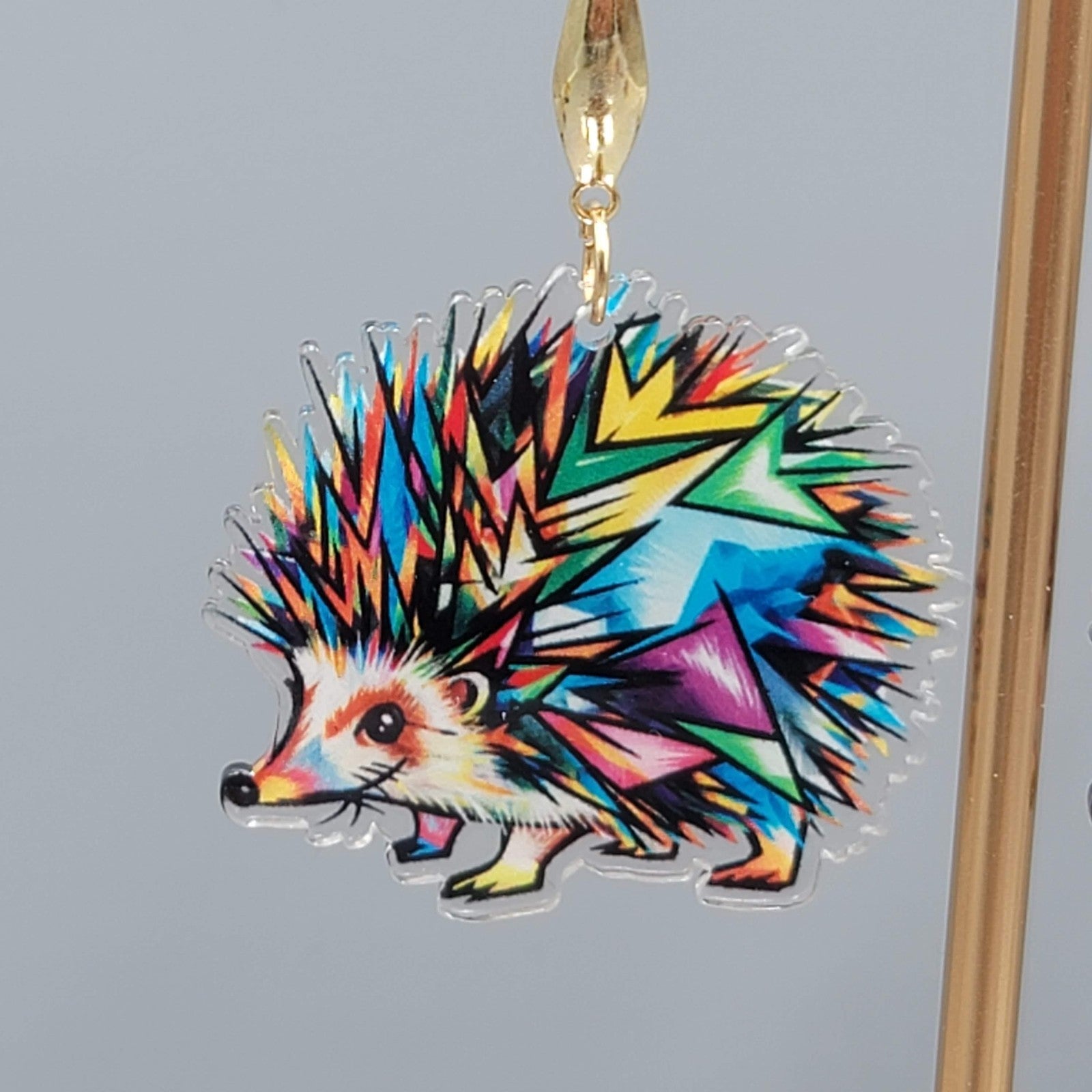 Multicolor Mosiac Hedgehog Pierced Earrings Acrylic Dangle Gold tone Hook 1.25"