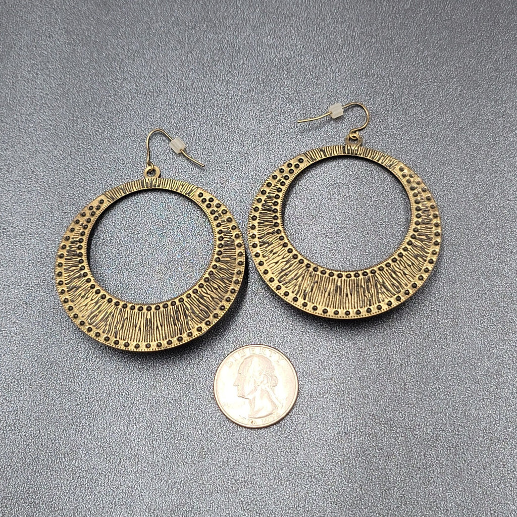 Pierced Earrings Bronze tone Large Hoops Faux Pearl Accents Statement Drop 2.25"