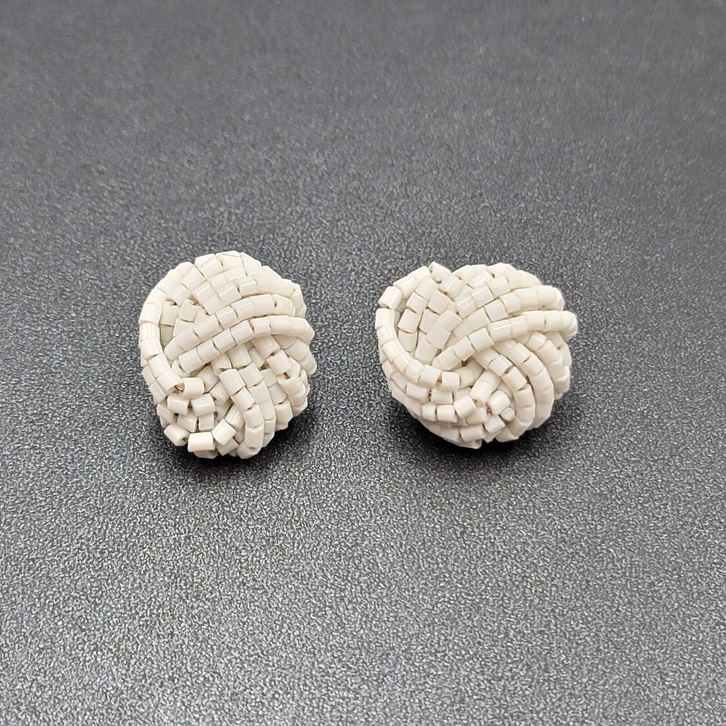 Vintage Pierced Earrings White Seed Beads Knot Estate Jewelry 1"