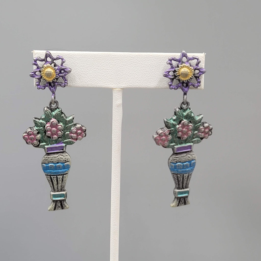 Vintage Don Lin Pierced Earrings Flower Bouquet Dangle 2.5"