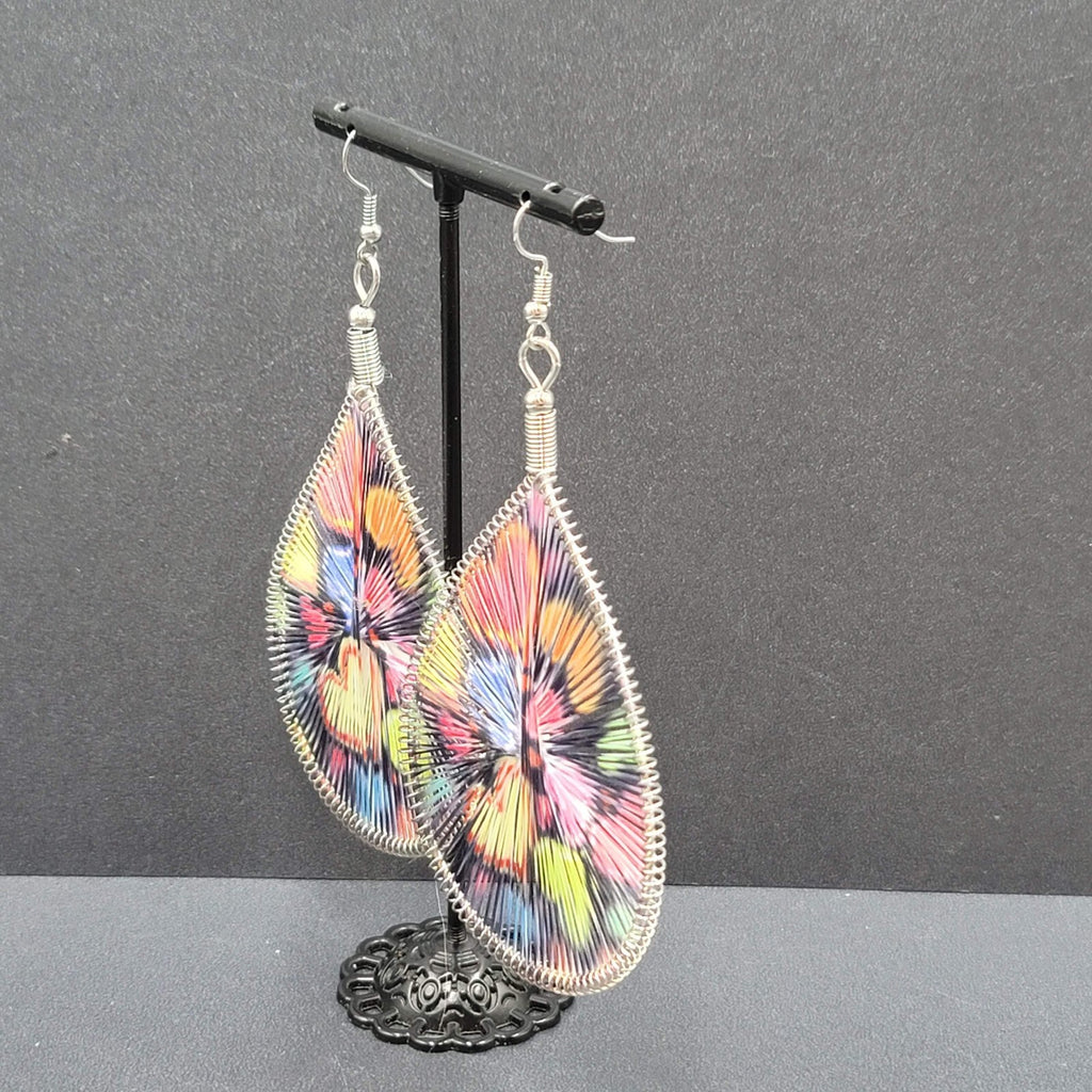 Large Pierced Earrings Silver tone Teardrop String Art Hearts Theme 3.5"