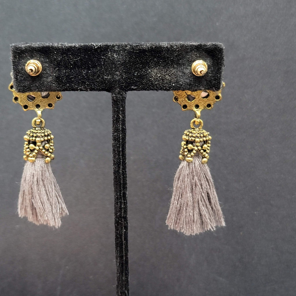 Boho Pierced Earrings Antiqued Gold tone Gray String Tassel 2"